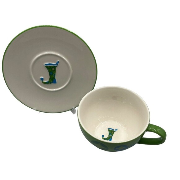 2006 Holiday Starbucks Elf Christmas Stocking Green Coffee Mug Tea Cup & Saucer - Picture 3 of 8